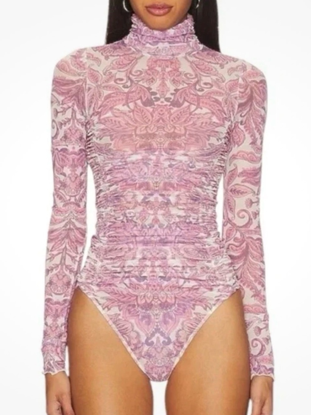 Free People Intimately Under It All Mesh Ruched Bodysuit in Peony Combo Size M